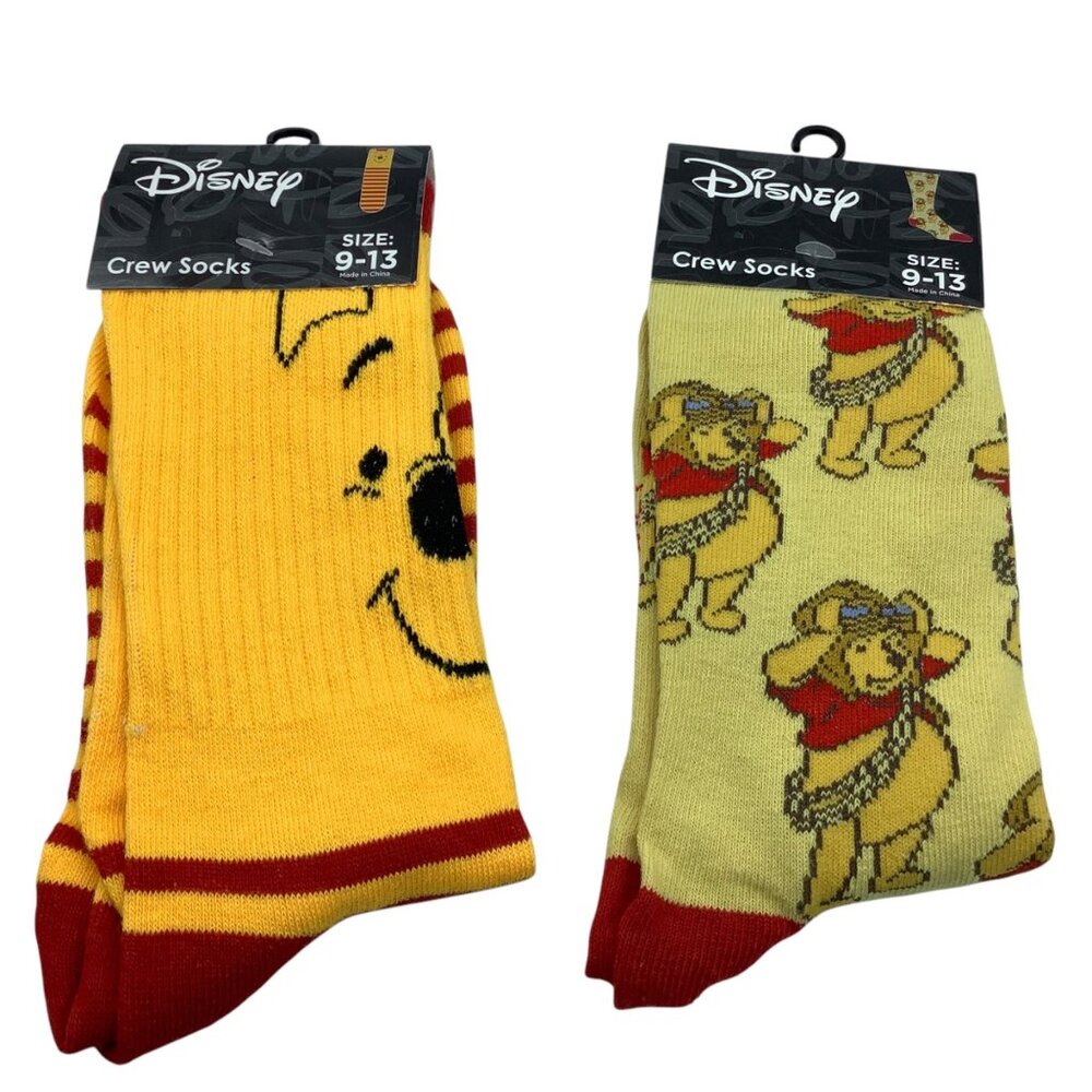 Disney Winnie The Pooh Crew Socks 2‎ Pair Size 9-13 Red & Yellow Striped